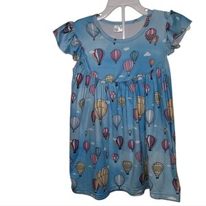 Boutique Girls Sz 4 Blue Hot Air Balloons Print Casual Dress Stretch Cap Sleeves